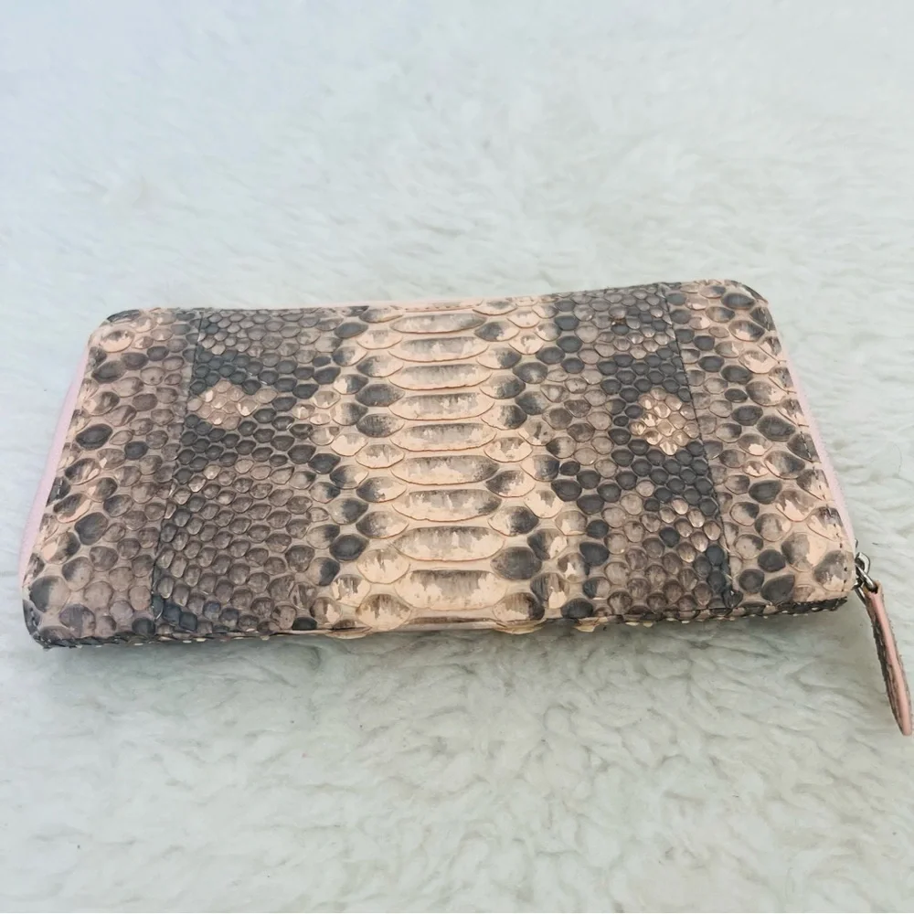 Genuine Python Snake Skin Leather Pink/ Black/Gray Zip Around Long Wallet